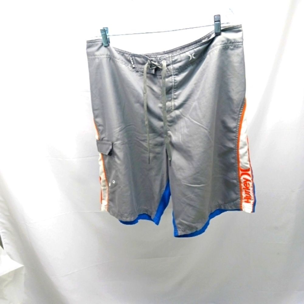 Hurley Board Shorts Mens 38 Gray Front Blue Back 1 Pocket Orange White Accents.. - Picture 2 of 9